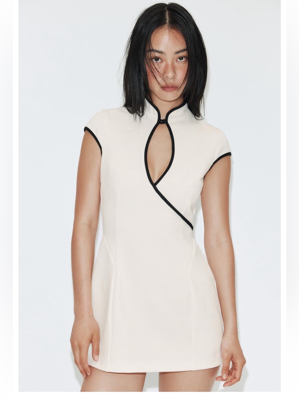 Zara Cream Cap-Sleeve Mini Dress with Black Trim - Contemporary Women’s Dress